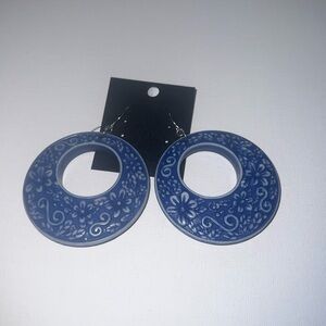 Blue Floral Patterned Round‎ Drop Earrings Fashion Jewelry